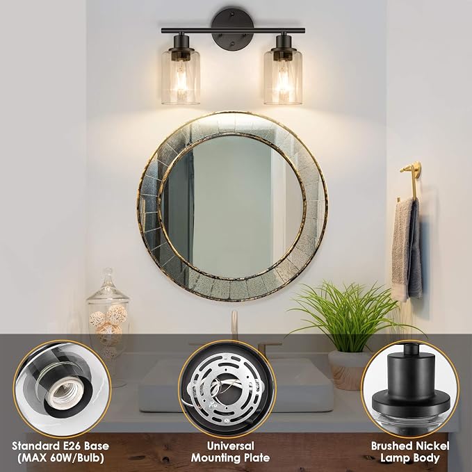 FOLKSMATE Bathroom Light Fixtures, 2 Light Matte Black Vanity Light, Vintage - Image 2