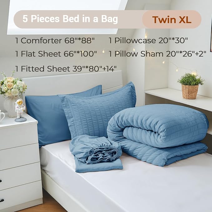 MUXHOMO 5 Pieces Twin XL Comforter Set, Seersucker Bed in a Bag Twin XL Size - Image 4
