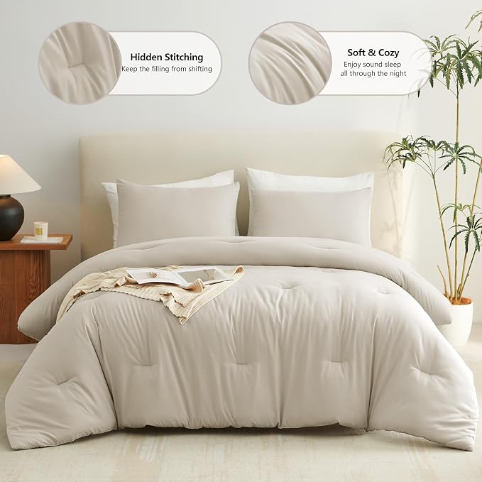 CozyLux King Size Comforter Set Oatmeal, 3 Pieces Solid Comforters King Size - Image 2