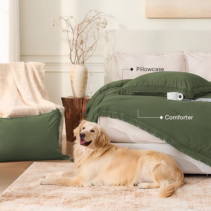 Andency Comforter Set Oversized King Olive Green 120x120, 3 Pieces Boho Fall - Image 5