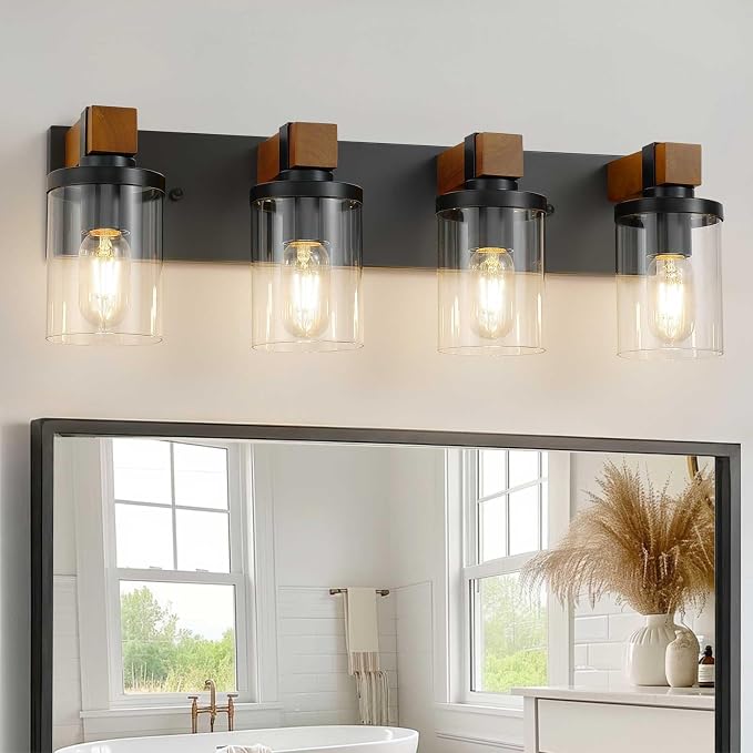 4-Light Farmhouse Bathroom Light Fixtures, Wood Matte Black Vanity Lights Over by Unknown