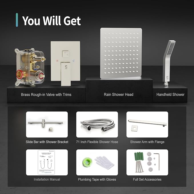 SR SUN RISE Shower System with 10" Rain Showerhead, Square Handheld Showerwith - Image 9