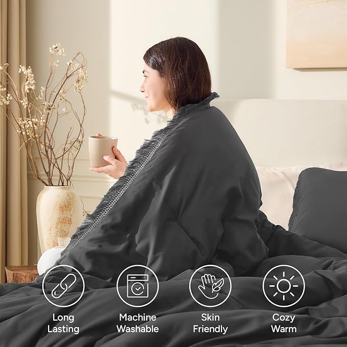 Andency Full Size Comforter Set Dark Grey, 3 Pieces Boho Lightweight Bedding - Image 4