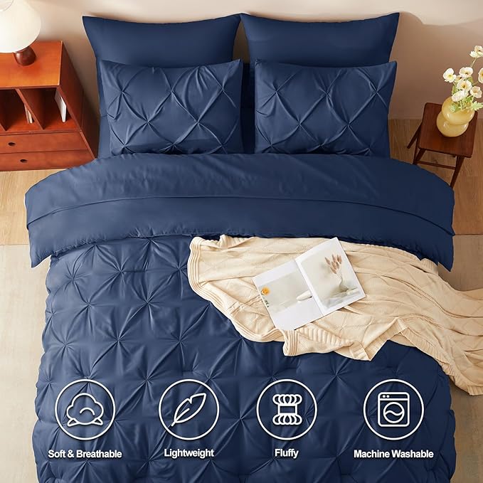 CozyLux Full Size Comforter Sets Navy Blue, 7 Pieces Pintuck Bed in A Bag Blue - Image 2