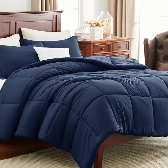 CozyLux Super King Plus Comforter Set, 3 Pieces Navy Blue 128x120 Box Stitched - Image 9