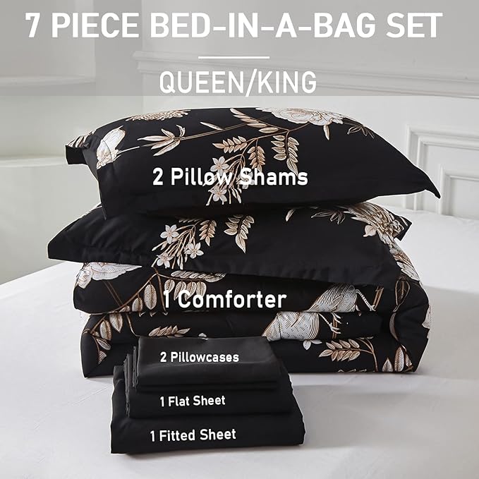 Yogeneg 7 Piece Bed in a Bag Kingsize Comforter Set Botanical Floral Bedding Set - Image 6