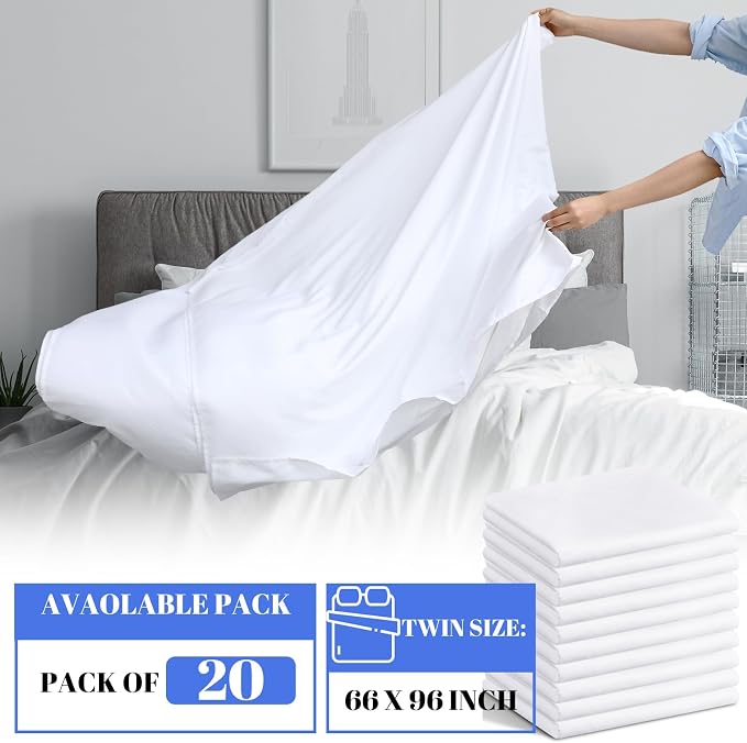 Preboun 20 Pcs White Flat Sheets Bulk Twin Size Soft Microfiber Top Flat - Image 2