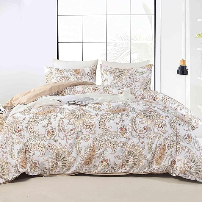 Nanko Paisley Comforter Set Queen Size 3 Pcs, Tan Taupe Classy Boho Damask by NANKO