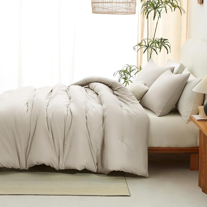 CozyLux Beige King Size Comforter Set, 3 Pieces Solid Breathable Quilted Style - Image 6