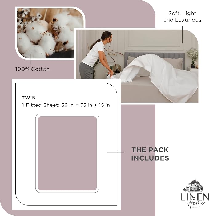 Linen Home 100% Cotton Percale Weave Fitted Sheet, Twin Size, Mauve Lavender - Image 6