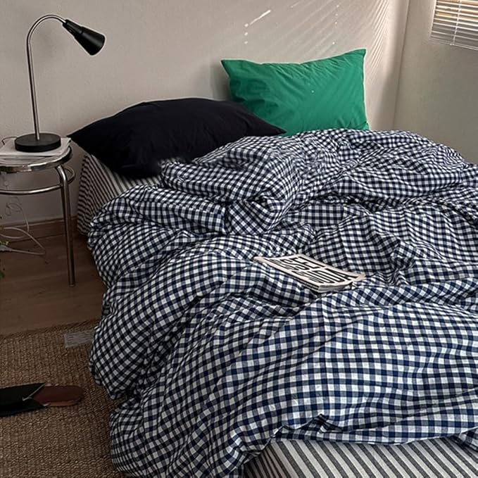 Nayoroom Navy Blue Gingham Duvet Cover Queen Size 100% Washed Cotton Plaid - Image 3