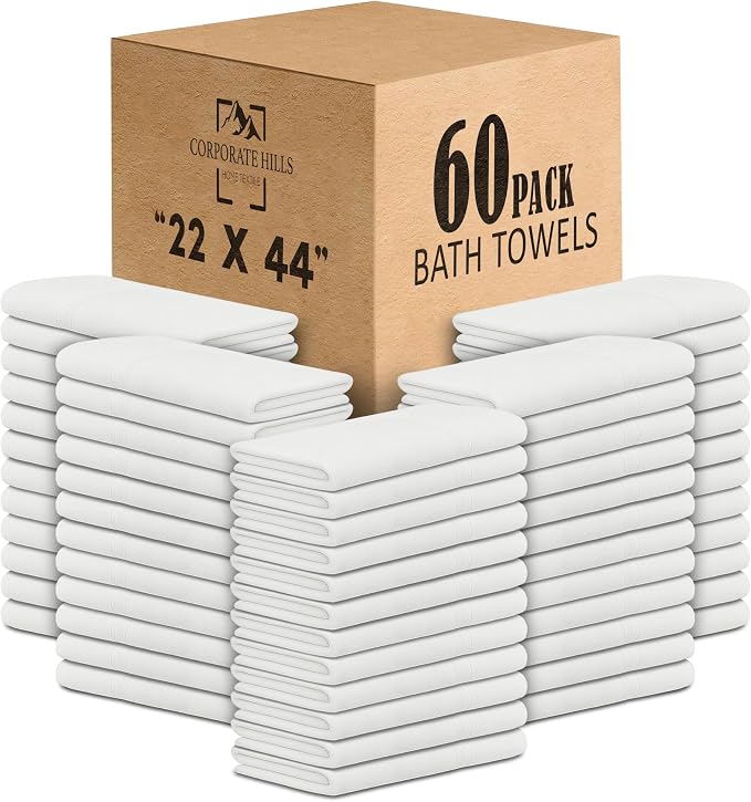 CH White Bath Towels Bulk Pack of 60 – Pure Cotton Lightweight & Absorbent by CorporateHills