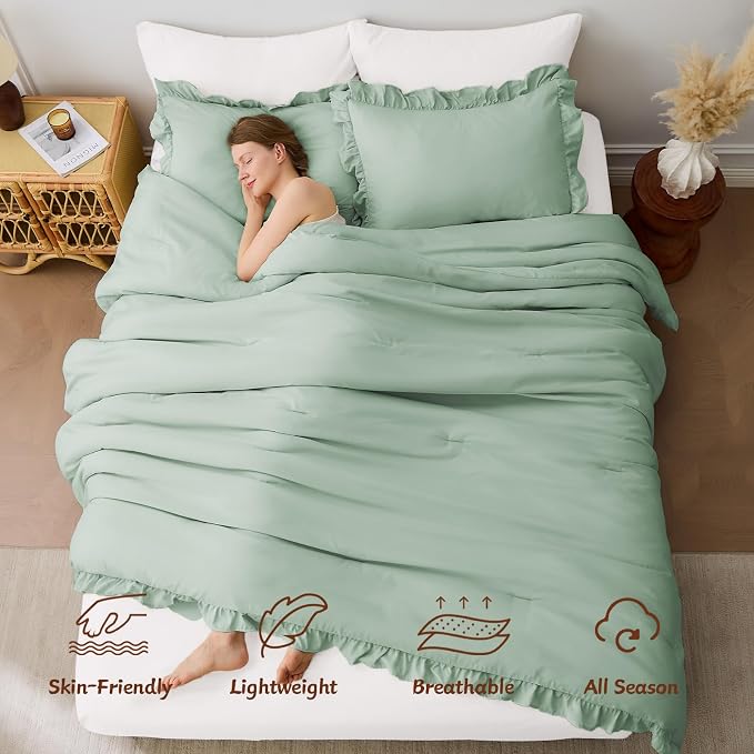FUANNA Queen Comforter Set Sage Green, 3 Pieces Ruffle Queen Bed Set, Fluffy - Image 2