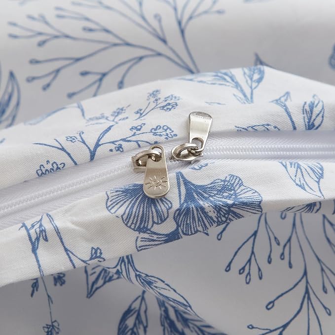 mixinni Blue Flower Duvet Cover Full Leaves Pattern 100% Cotton Full Size - Image 5