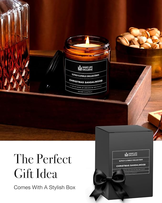 Scented Candles for Men | Christmas Sandalwood | Wooden Wick, Long Lasting - Image 7