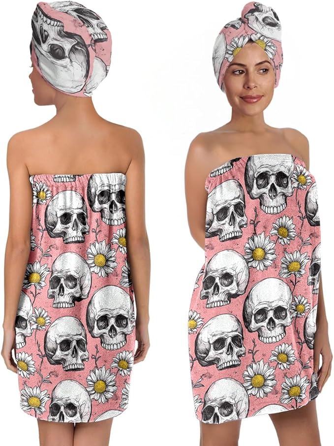 Bath Wrap Set with Hair Turban, Gothic Floral Pattern, Skull and Daisy Print by YWZDS