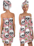 Bath Wrap Set with Hair Turban, Gothic Floral Pattern, Skull and Daisy Print by YWZDS