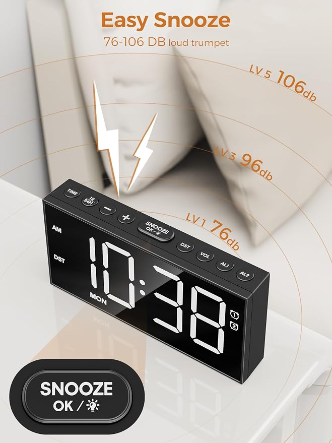 PPLEE Alarm Clock for Bedroom, Upgrade Digital Clock Large Bold Number - Image 3