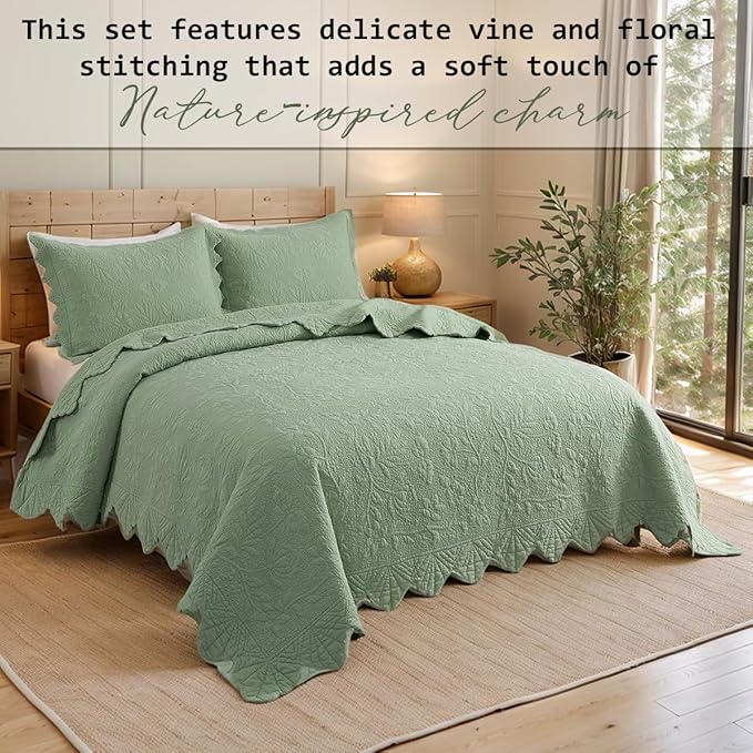 Brandream Premium Sage Green Cotton Quilt Set Queen Size Floral Vine Stitching - Image 5