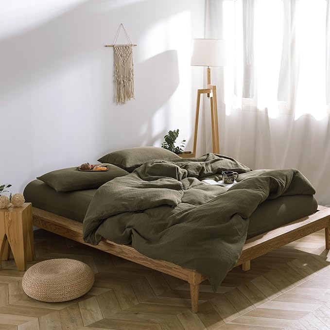 mixinni Olive Green Waffle Weave Duvet Cover Set King, 3-Piece 100% Natural - Image 4