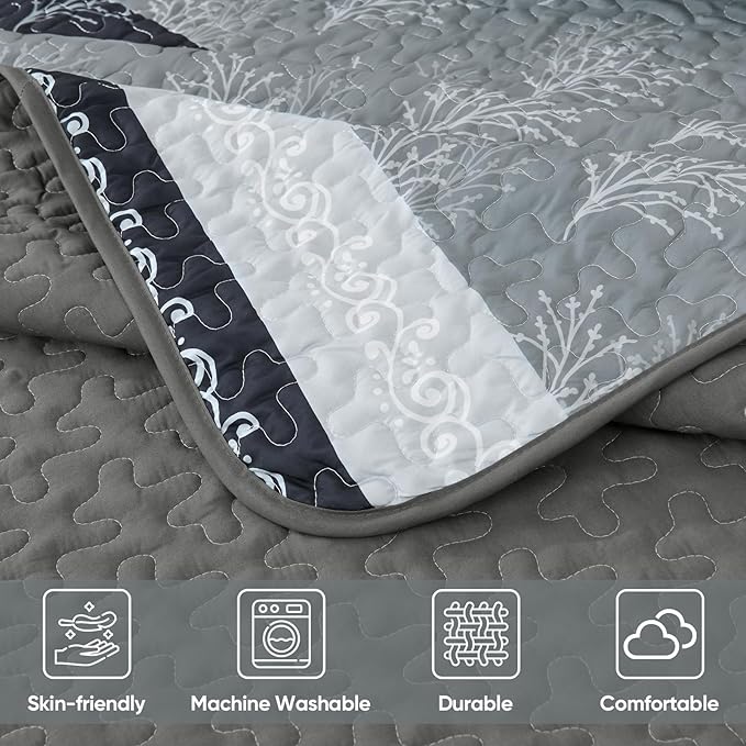 DJY Gray Quilt Set Queen Size Boho Striped Patchwork Bedspread Coverlet - Image 6