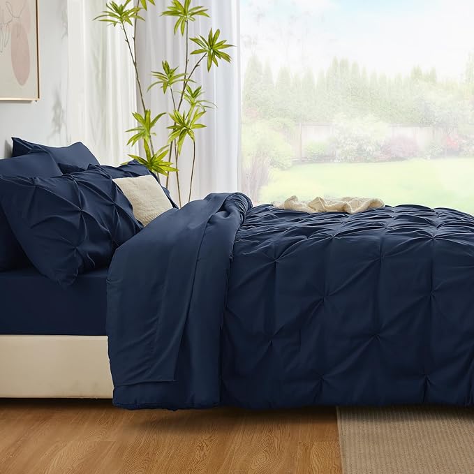 CozyLux King Size Comforter Set Navy Blue, Pintuck Bed in A Bag 7 Pieces - Image 9