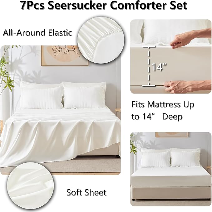 CozyLux King Size Comforter Set Ivory Seersucker 7 Pieces Bed in a Bag King - Image 5