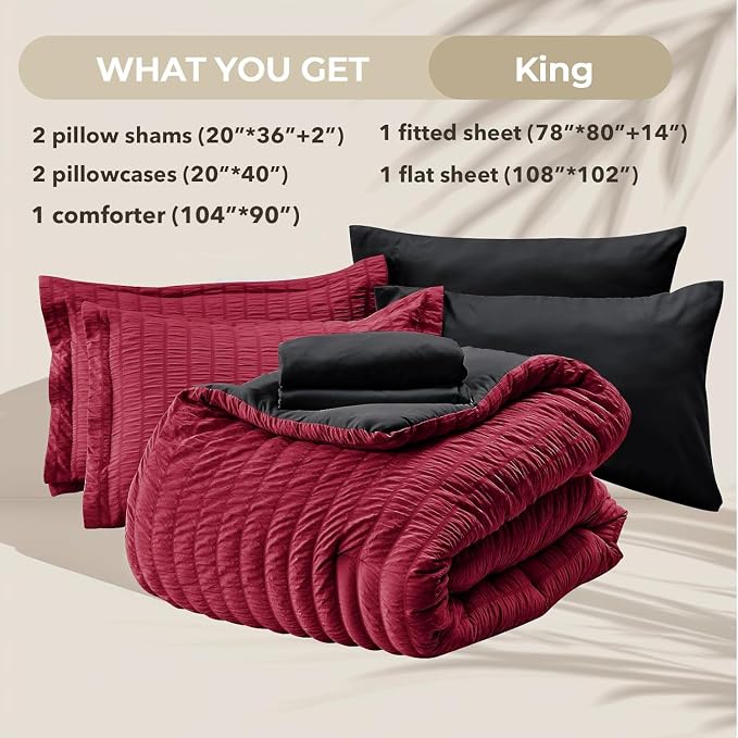 HYMOKEGE Red & Black King Size Comforter Set Seersucker 7 Pieces, All Season - Image 6