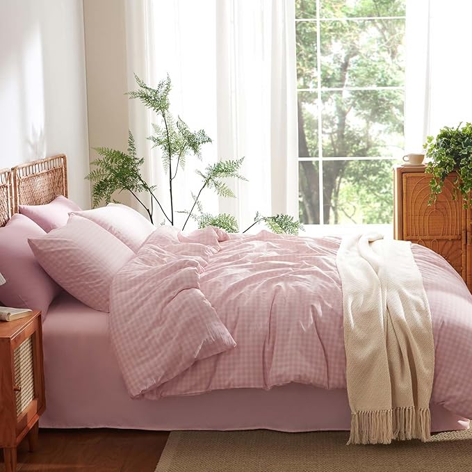 Nayoroom Gingham Duvet Cover Queen Size 100% Washed Cotton Pink Plaid Checkered - Image 4