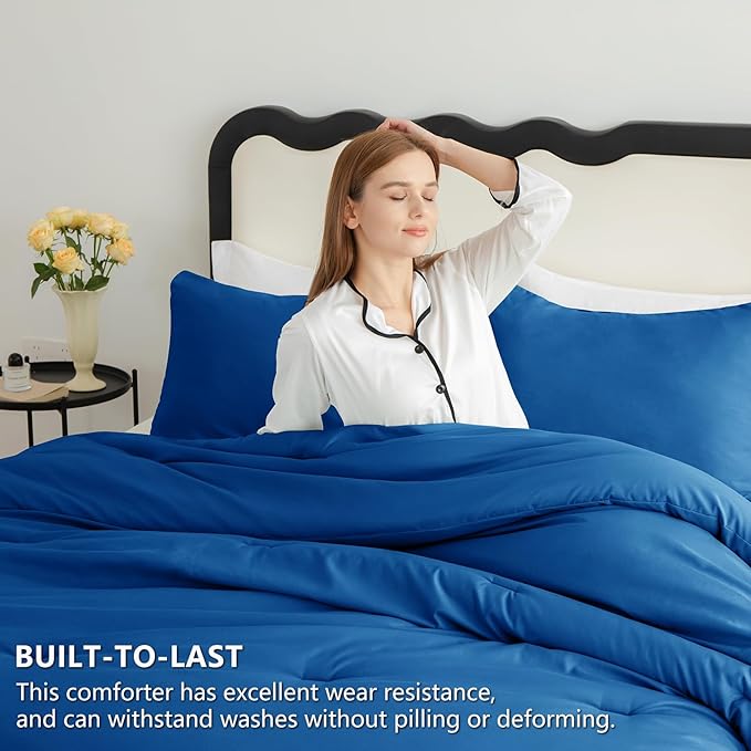 CozyLux Queen Comforter Set Classic Blue, 3 Pieces Solid Comforters Queen Size - Image 3