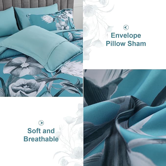 Luxudecor Floral Comforter Set King Size 7 Piece, Teal Blue Flower Bed in a Bag - Image 5