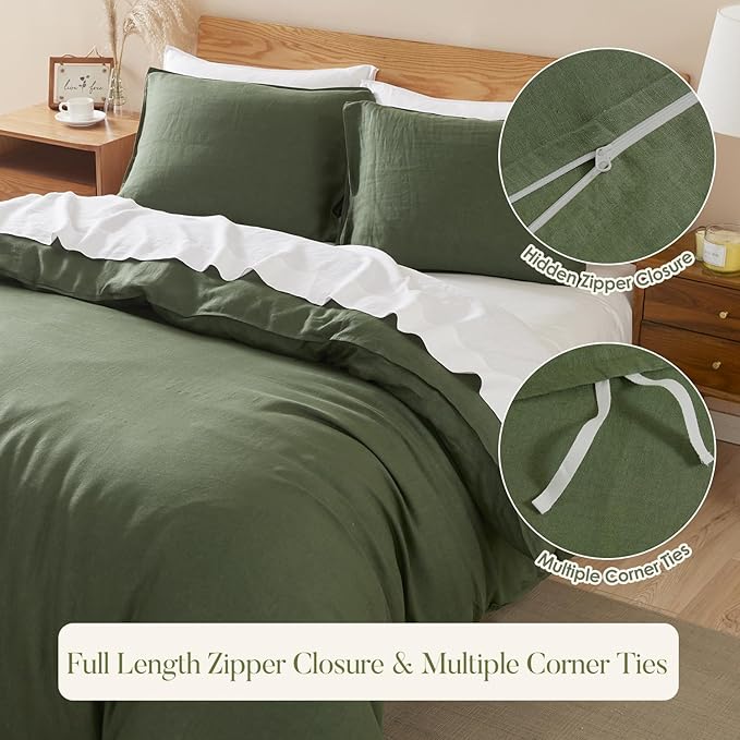 DAPU 100% Linen Olive Green Duvet Cover Set - Image 4