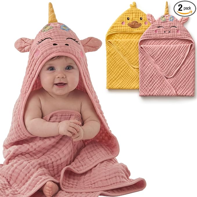 Blissful Diary Muslin Baby Hooded Towel 2 Pack, Soft & Absorbent Bath Towel by ForEveryBabysBetterLife