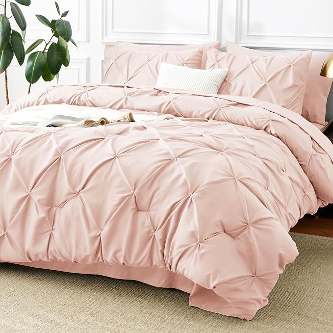 HIMEET Pintuck Bed in a Bag, 7 Pieces Full Size Comforter Set Blush Pink - Image 9