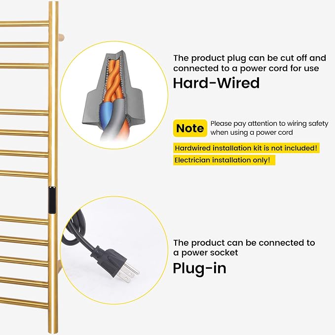 12-Bars Gold Heated Towel Rack–23" Wall Mounted Towel Warmer - Image 3
