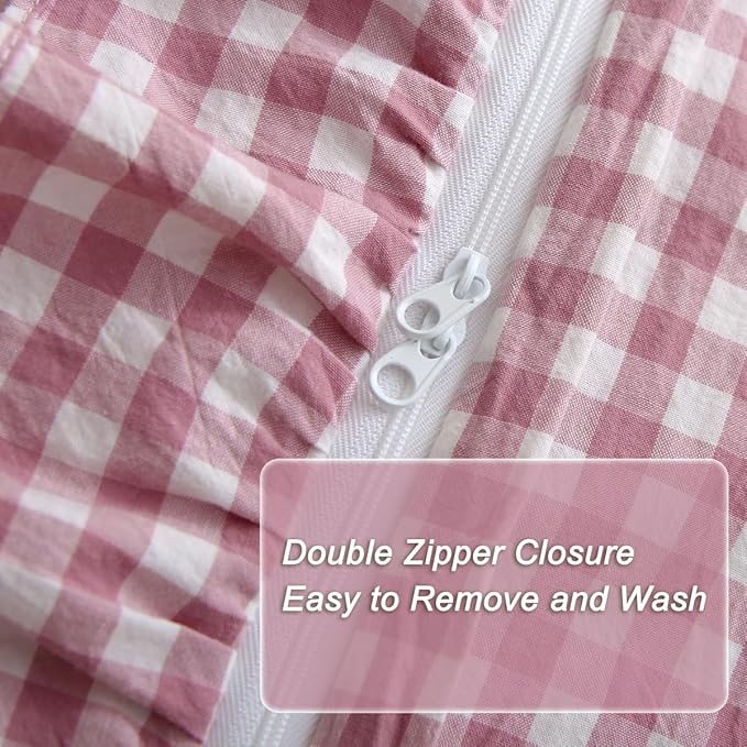 Silnuo Vintage Pink/White Plaid Ruffle 3-Piece Duvet Cover Set Full Size - Image 4