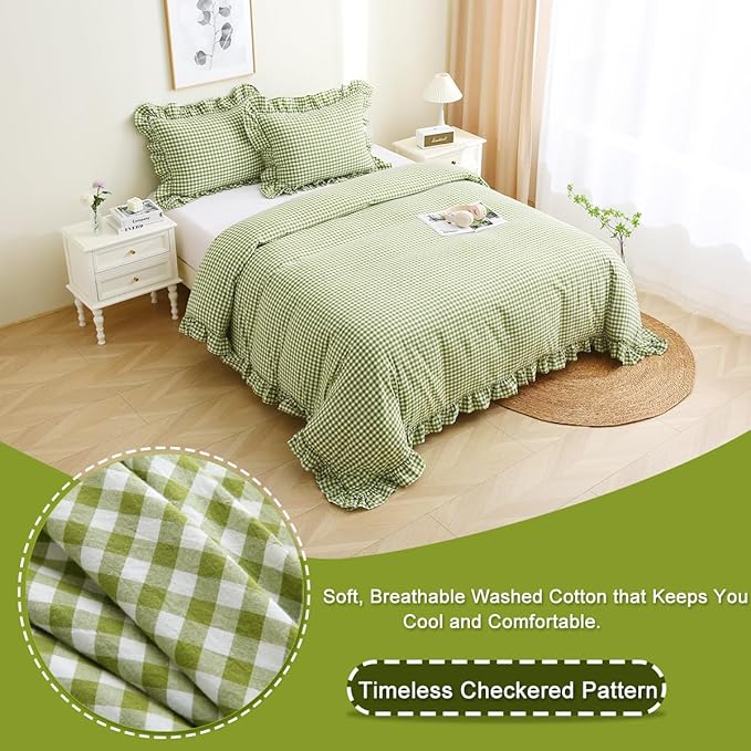 Silnuo Olive Green/White Checkered Ruffle 3-Piece Duvet Cover Set Queen Size - Image 3