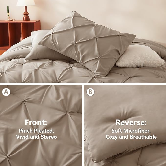 CozyLux Full Size Comforter Sets Khaki, 7 Pieces Pintuck Bed in A Bag Khaki - Image 3