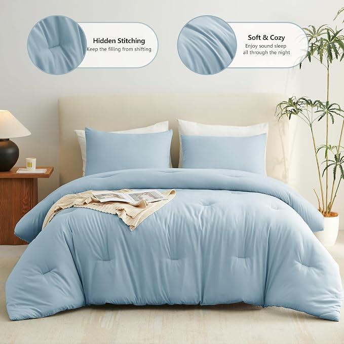 CozyLux Full Size Comforter Set Light Blue, 3 Pieces Solid Breathable Quilted - Image 2
