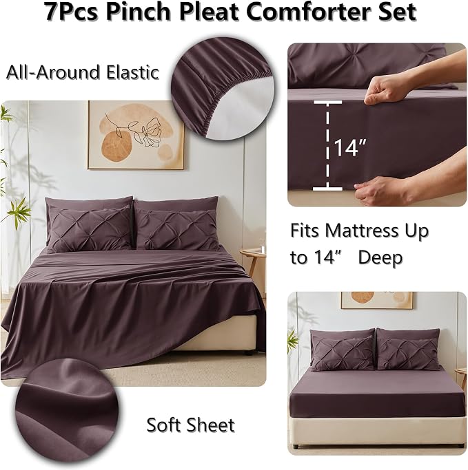 CozyLux Full Size Comforter Sets Cocoa Powder, 7 Pieces Pintuck Bed in A Bag - Image 5