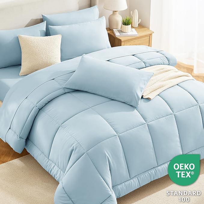CozyLux King Size Comforter Set Light Blue, 7 Pieces Bed in a Bag, All Season - Image 3