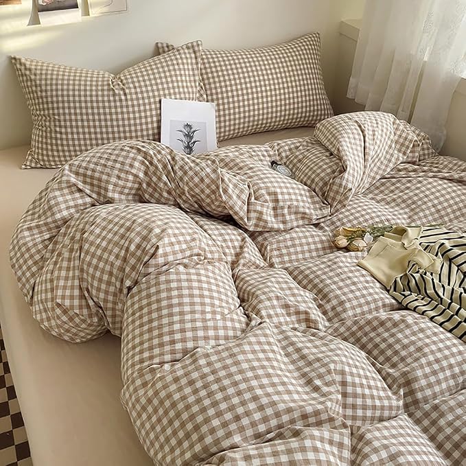 Nayoroom Brown Gingham Duvet Cover King Size Tan White Plaid Checkered Duvet - Image 5