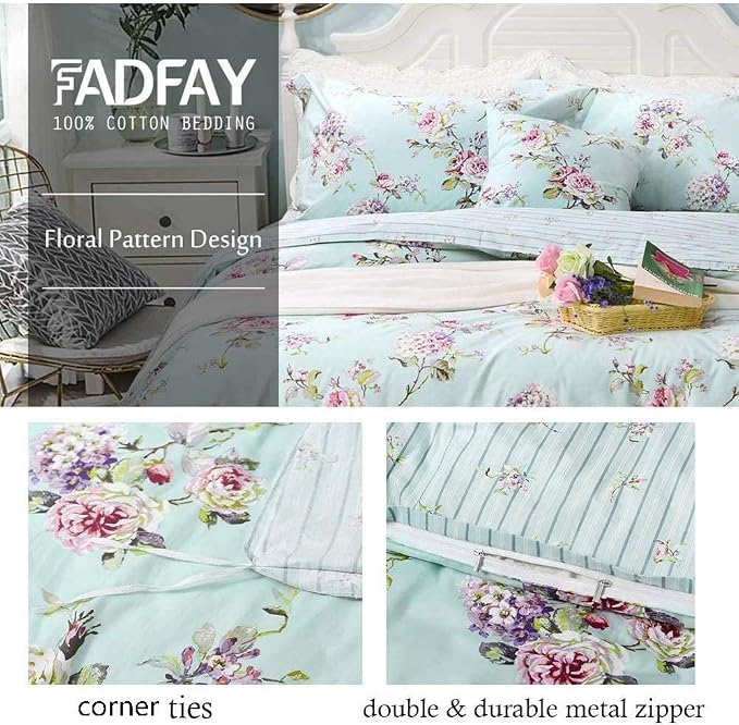 FADFAY Floral Duvet Cover Queen 100% Cotton Blue Green Farmhouse Bedding Super - Image 3