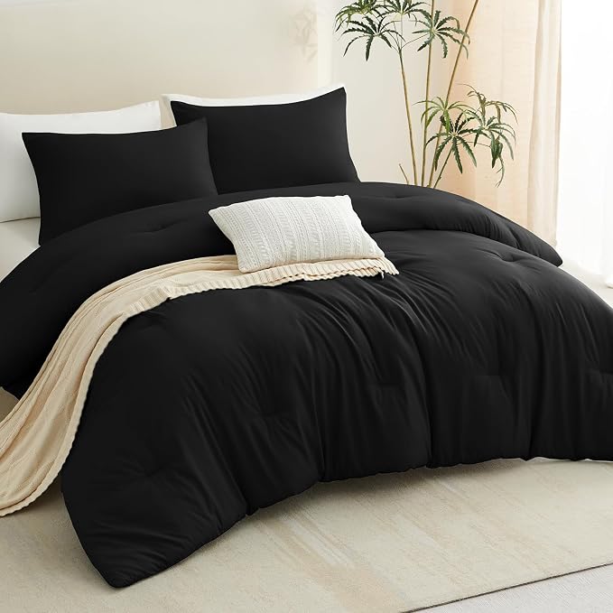 CozyLux Queen Comforter Set Black, 3 Pieces Solid Comforters Queen Size - Image 8