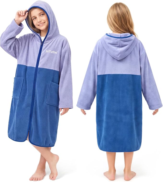 Hiturbo Kids Bath Towel Hoodie: Zipper Surf Poncho Long Sleeve Quick Dry by HiTurbo--MakeDivingEasy