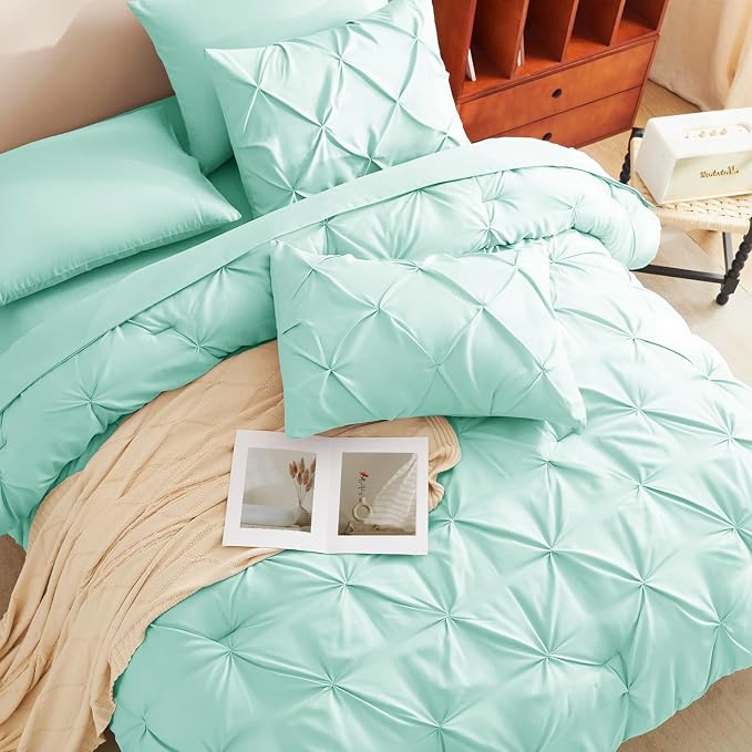 CozyLux Full Size Comforter Sets Mint Green, 7 Pieces Pintuck Bed in A Bag - Image 4