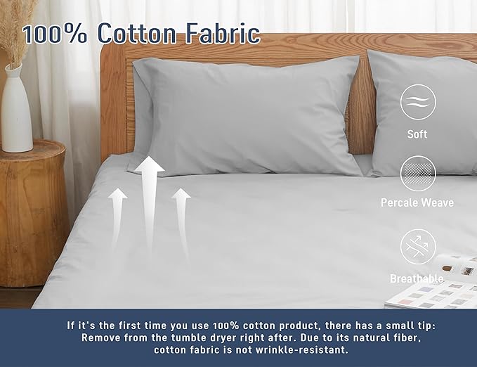 Pillow Cases, Standard Queen Size Cotton Percale Weave Pillowcases, Pre-Shrunk - Image 4