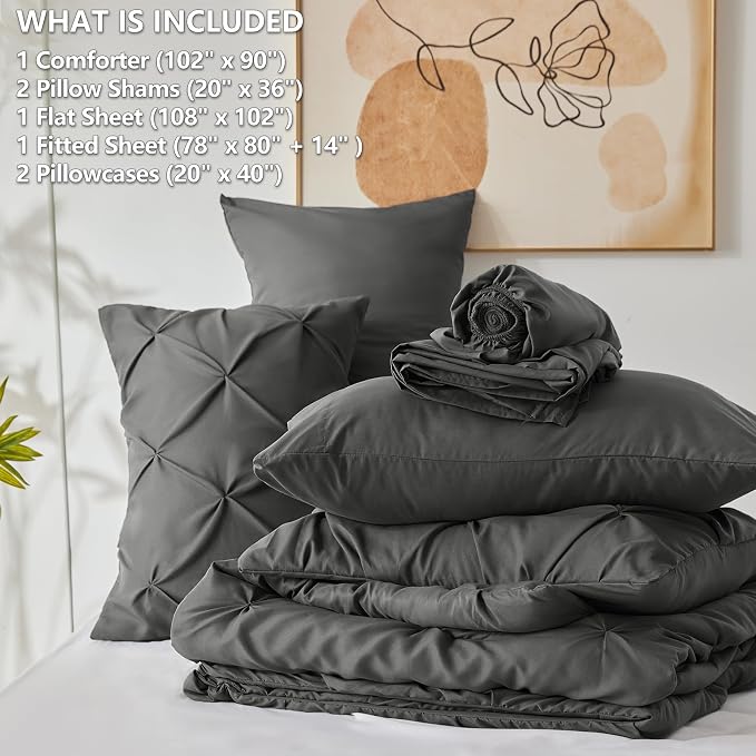 HIMEET Pintuck Bed in a Bag, 7 Pieces King Size Comforter Set Dark Grey - Image 8