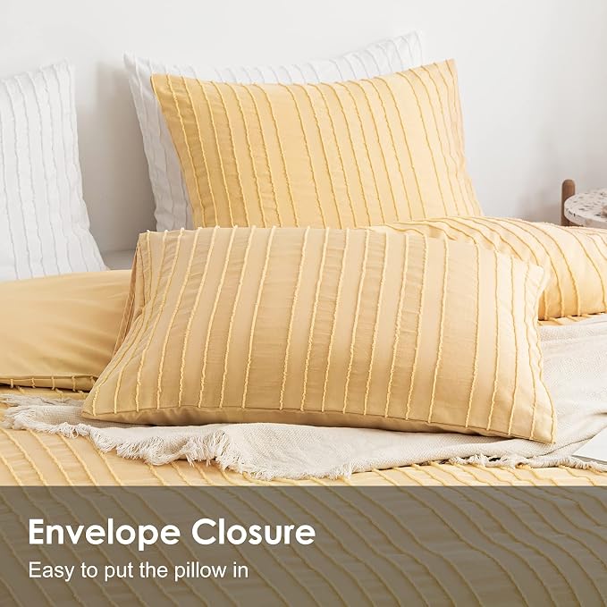 WARMDERN Yellow Boho Duvet Cover, Striped Textured Duvet Cover Tufted Bedding - Image 4