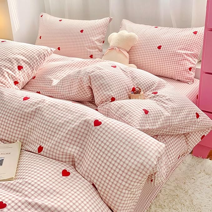 Nayoroom Gingham Duvet Cover Queen Size Pink Plaid Red Heart Printed on White by Nayoroom
